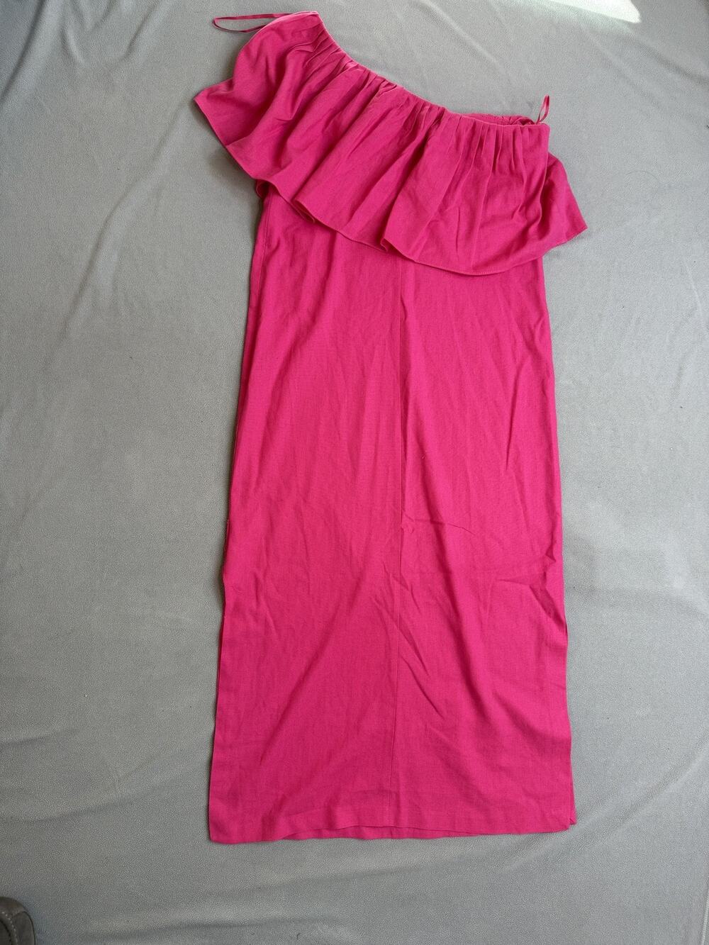 Pomander Place One Shoulder Ruffle Midi Dress Hot Pink Linen Blend Barbiecore S